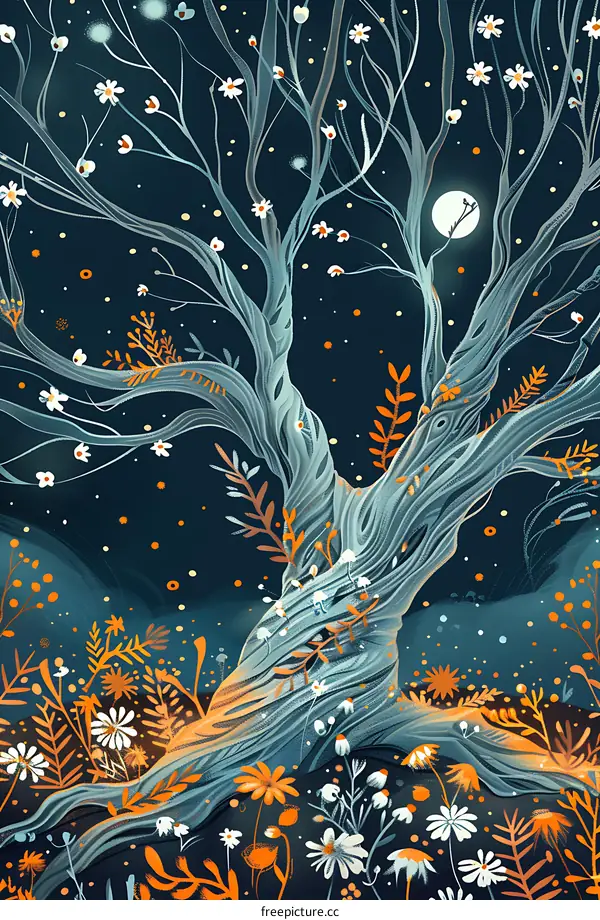 Nighttime Illustration of a Twisted Tree With White Flowers