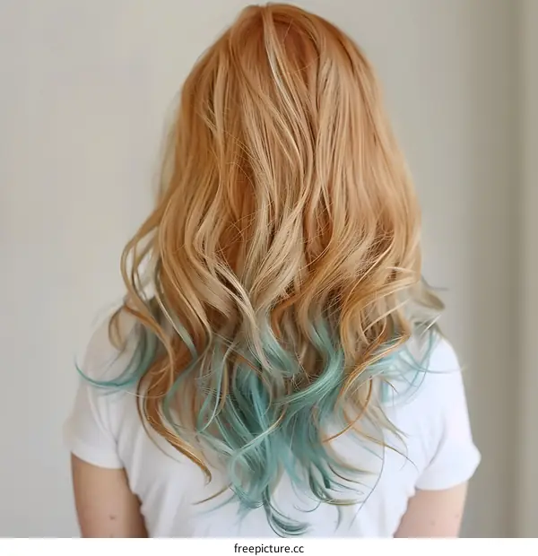 A woman with long red and blue hair