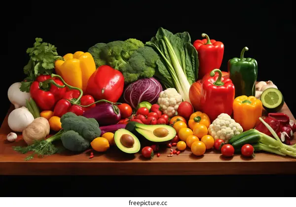 A variety of fresh vegetables are arranged on a wooden table.