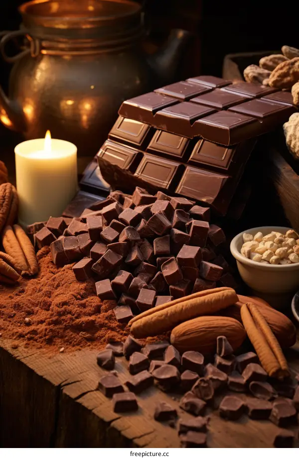 A variety of chocolate bars, pieces, cocoa powder, and nuts