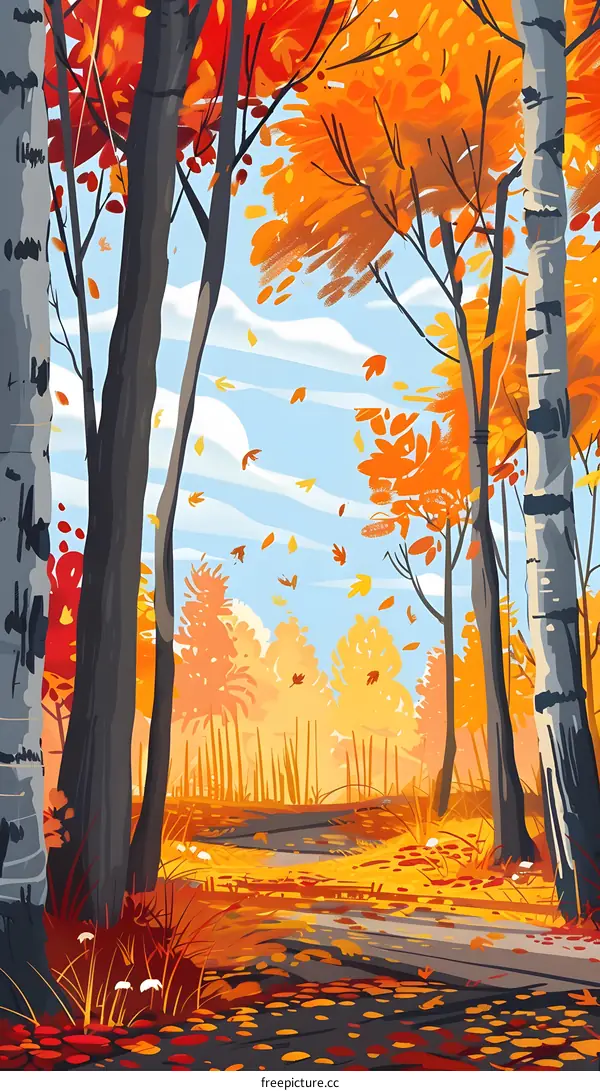 Autumn Forest Path with Falling Leaves