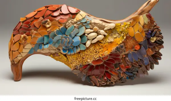 A wooden sculpture with colorful mosaic tiles