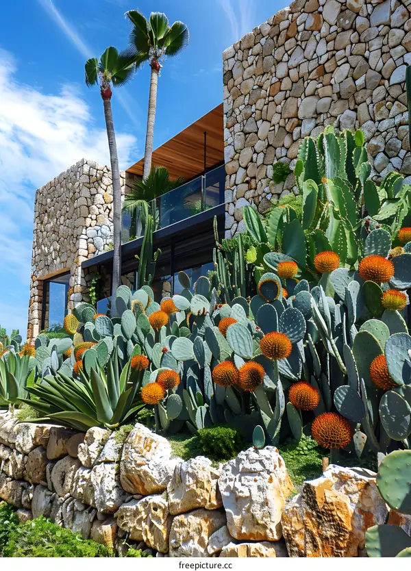 Cactus plants in front of a stone house