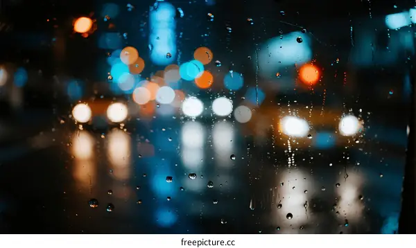 Rain drops on window with blurred city lights at night