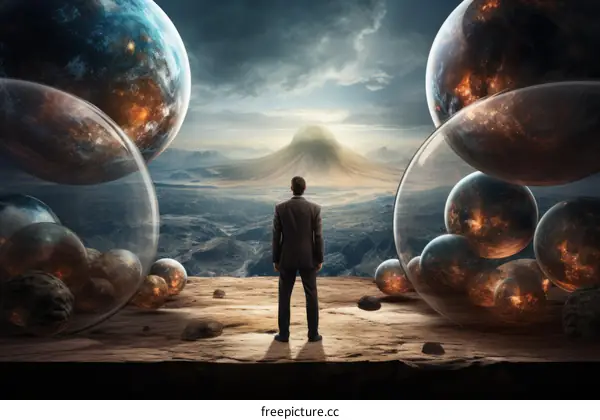 A Businessman Stands on a Cliff Edge Gazing out at a Surreal Landscape with Large Floating Glowing Spheres in the Sky
