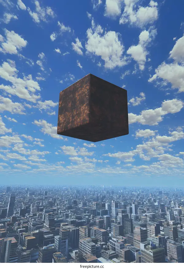 Floating Cube Over Cityscape
