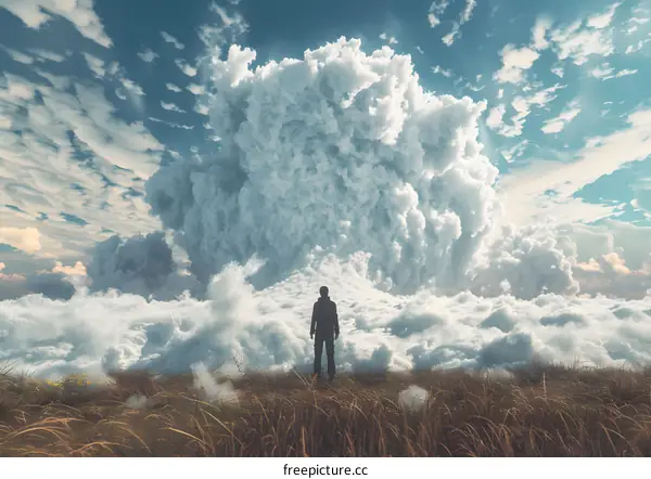 Man standing on a hill looking at a large cumulonimbus cloud