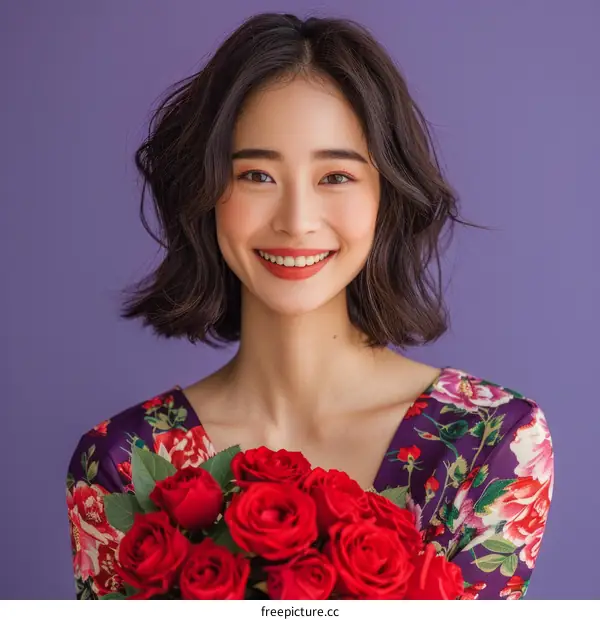 A photo of a young woman with a beautiful smile and a bouquet of red roses.