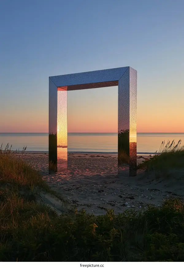 Reflective Gateway at Sunrise on Beach