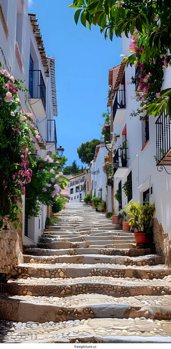 Stone Stairs Leading Up to a White Walled Village in Spain