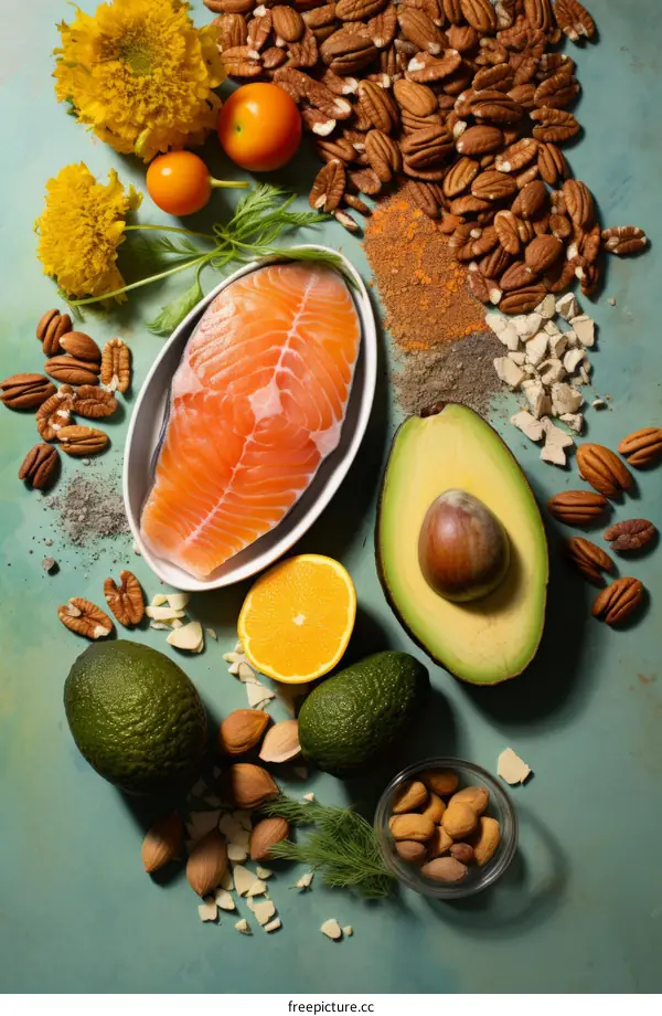 Salmon, avocado, nuts and seeds on blue background