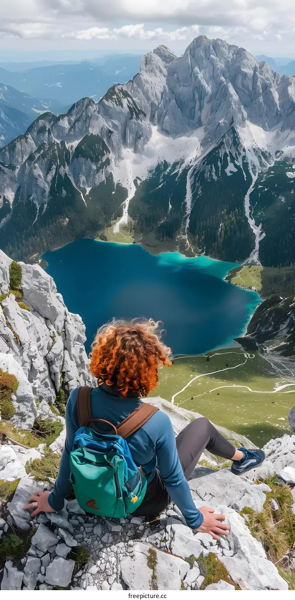 Woman Sitting on Mountaintop With View Of Lake and Mountains