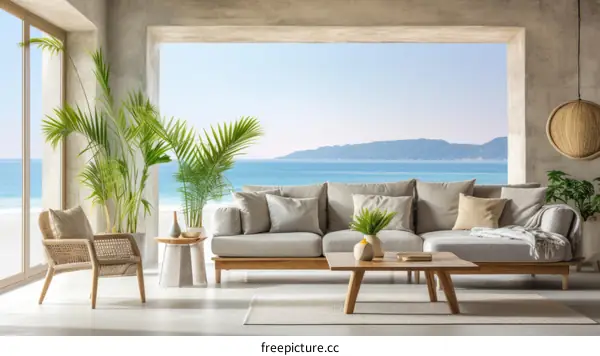 Modern coastal living room interior with large windows and ocean view