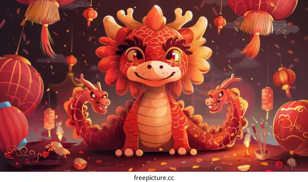 Cute Two-Headed Dragon Celebrating Chinese New Year