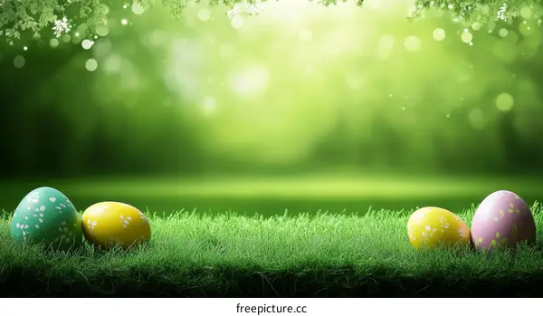 Easter Eggs on Grass in a Green Forest