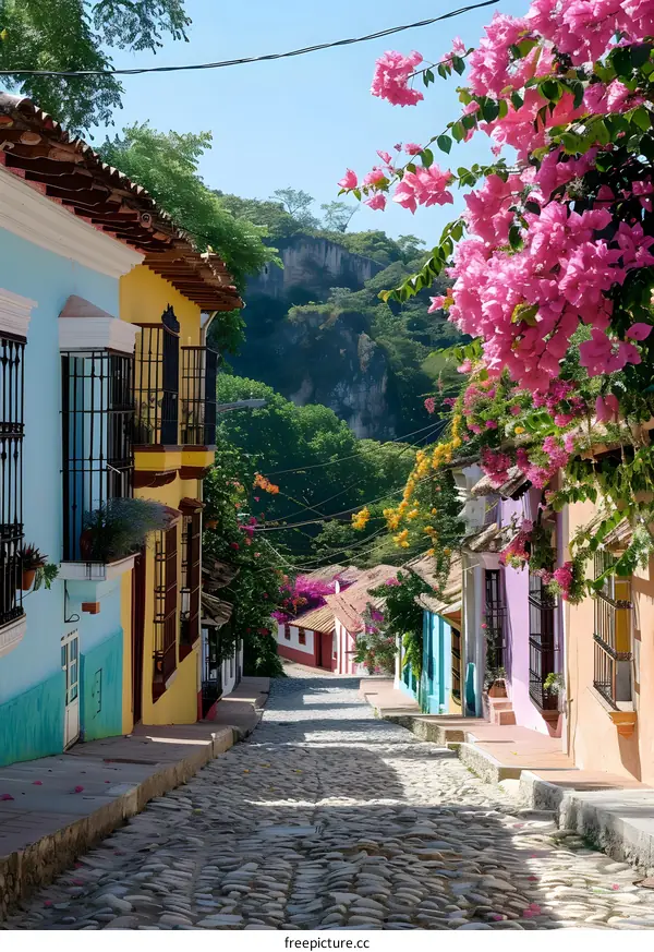 Charming cobblestone street lined with colorful houses