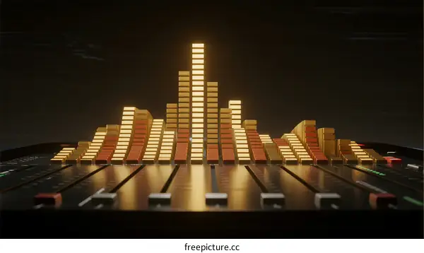 Audio Mixer with Illuminated Equalizer Bars in Dark Setting