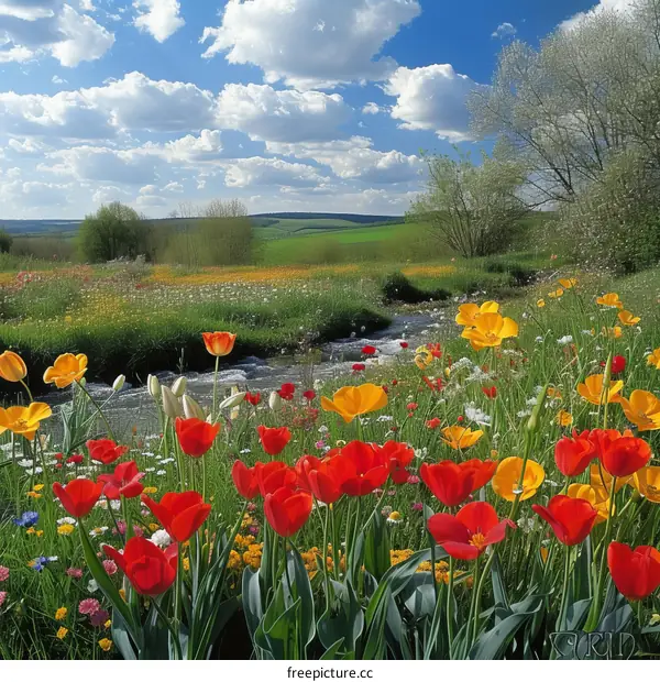 Field of flowers with a river running through it