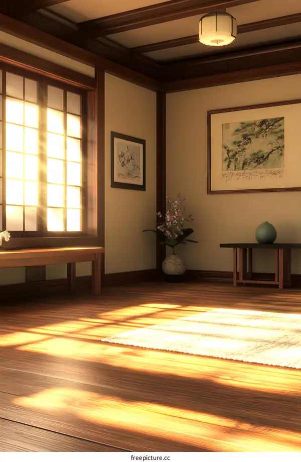 Japanese Style Room Interior Design with Wooden Floor and Sunlight