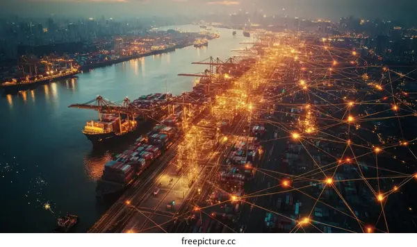 Globalized Container Port at Night with Network Connection