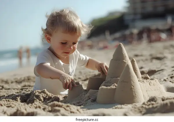 Cute Toddler Building Sandcastle on Beach