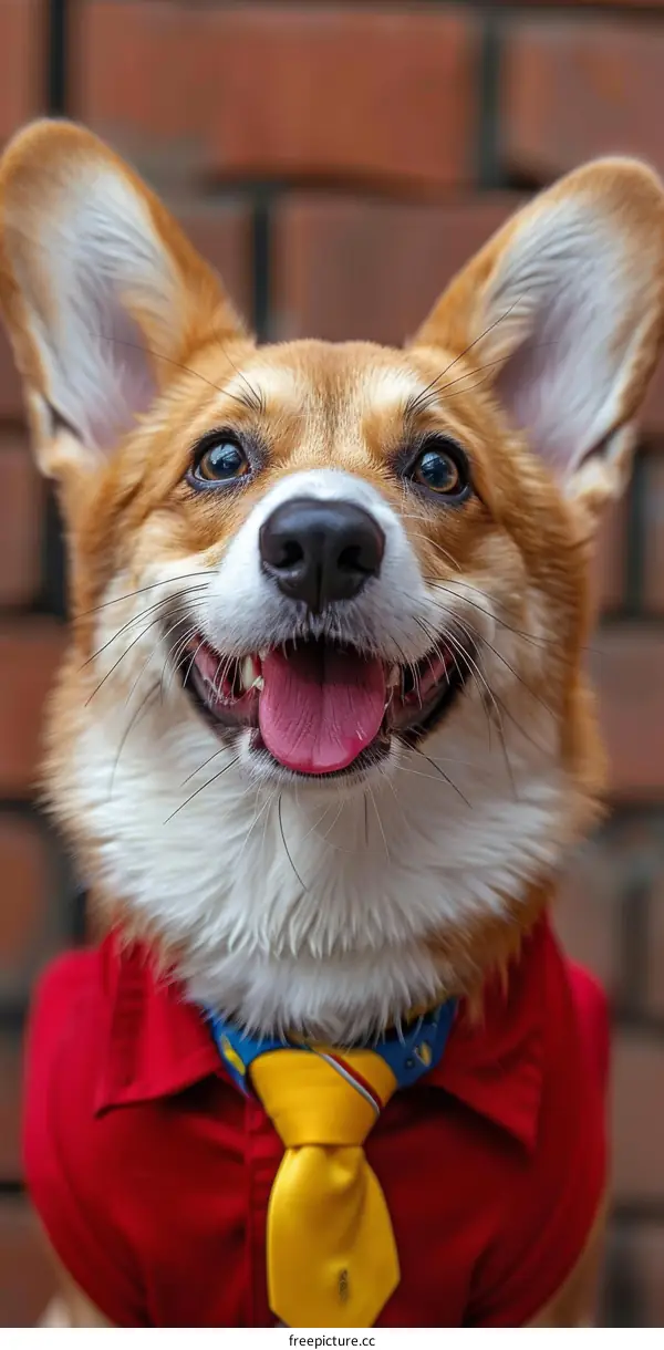 A happy corgi wearing a red shirt and yellow tie