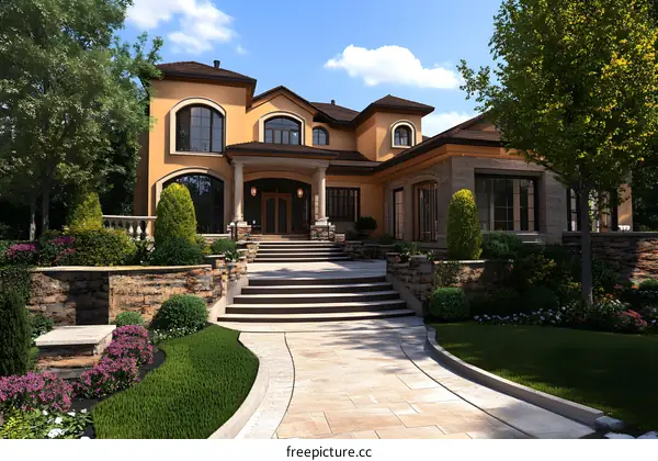 Luxury Home Exterior Design With Stone Walls and Landscaping