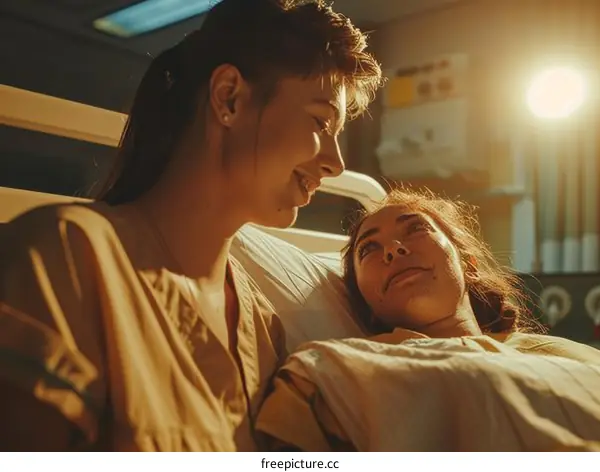 Two women in a hospital room, one sitting on the bed and one standing next to her.