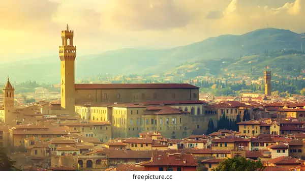 Aerial View of Florence Cityscape with Tower and Mountains