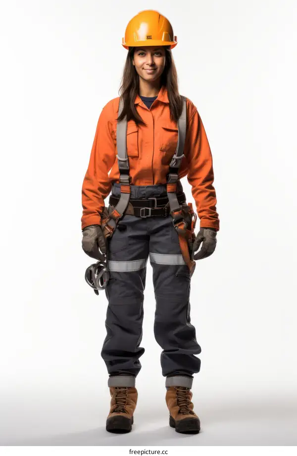 Portrait of a female construction worker wearing a hard hat and safety gear
