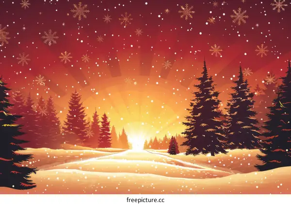 Snowy Winter Forest with Pine Trees and Setting Sun