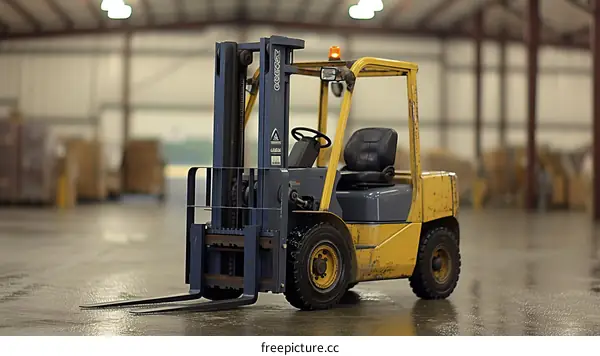 A yellow and blue industrial forklift truck in a warehouse