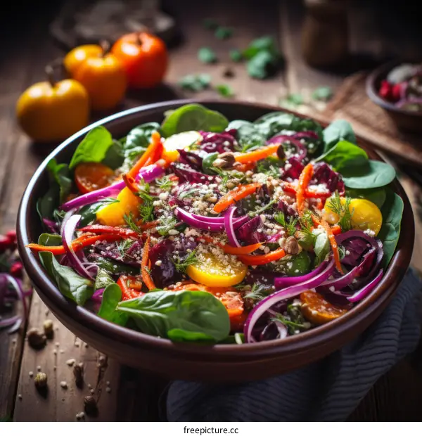 Colorful and Healthy Salad with Spinach, Carrots, Tomatoes, and Onions