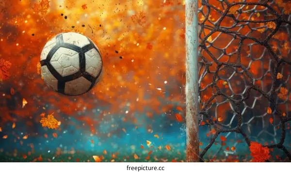 A soccer ball flies into a goal net with a background of fall foliage