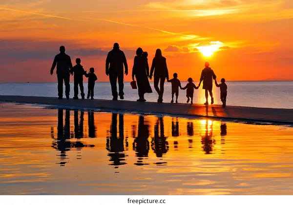 Family Walking on the Beach at Sunset