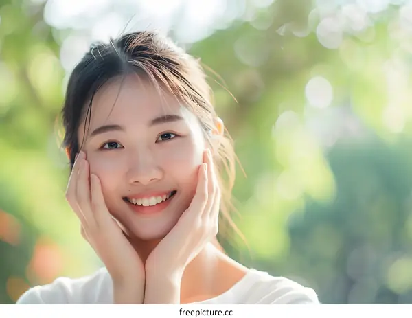 Smiling Asian Woman With White Shirt In Green Bokeh Background