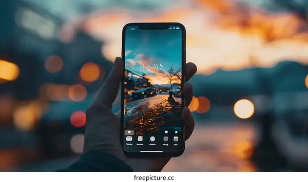 Person Holding a Smartphone with a Sunset Photo on the Screen