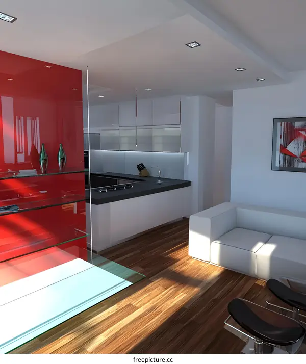 Modern Kitchen and Living Room Design With Red Accent Wall