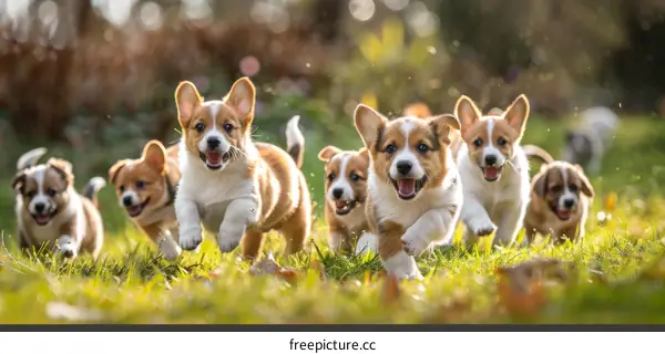 Playful Corgi Puppies Running in a Field