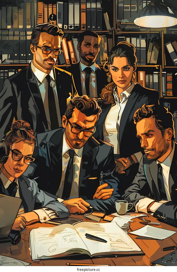 A group of people in suits are working together in an office.