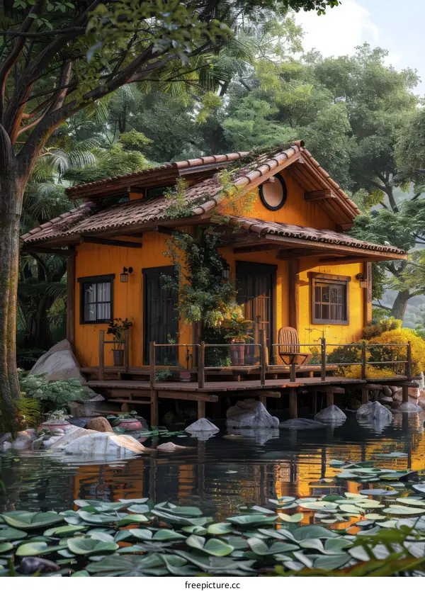 A small house in the middle of a pond surrounded by a forest