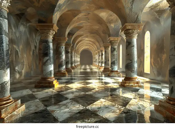 Long Marble Corridor with Ornate Columns