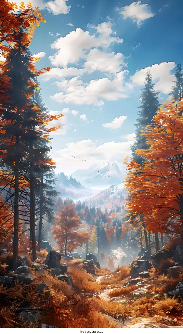 Autumn Forest Trail With Mountain View