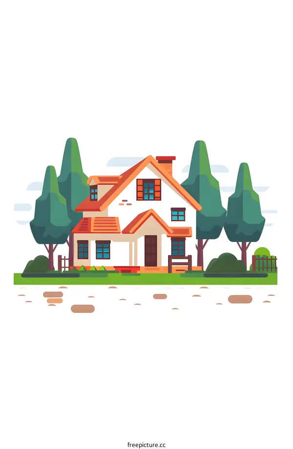 Illustration of a White House with Red Roof and Green Trees