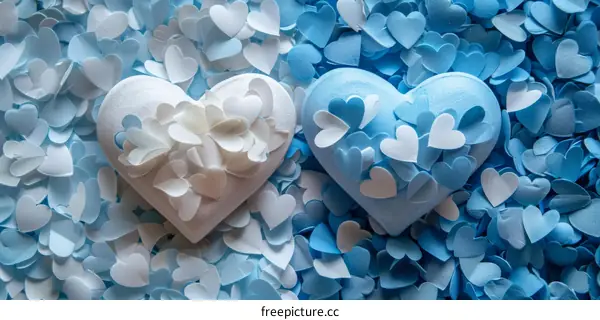 Two Paper Hearts on a Blue Paper Heart Background