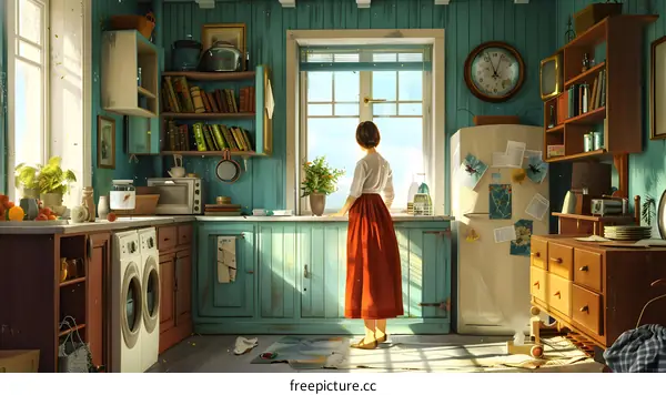 A woman standing in a kitchen looking out the window