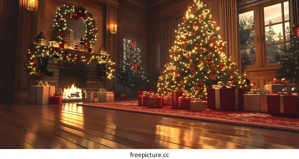 Christmas tree by the fireplace