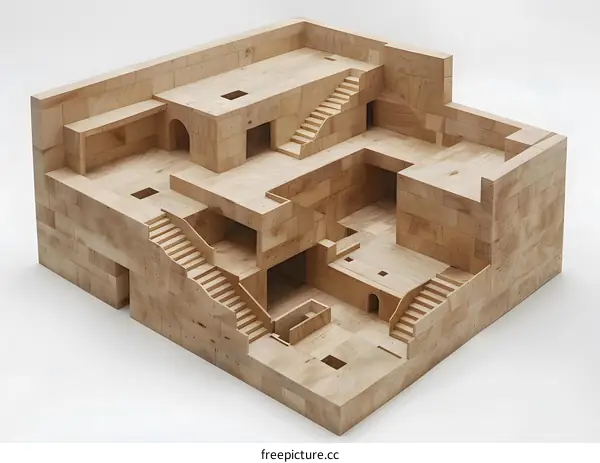 Wooden Model of a Multilevel Home with Stairwells