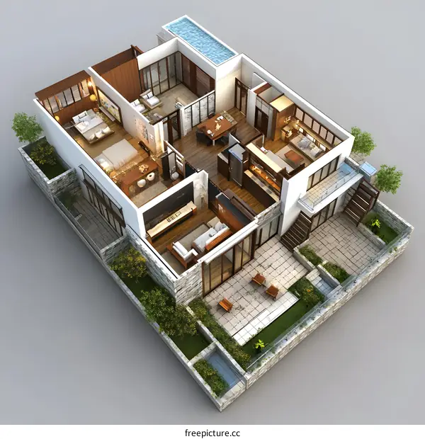 Top View 3D Illustration of Modern Home Design with Rooftop Pool