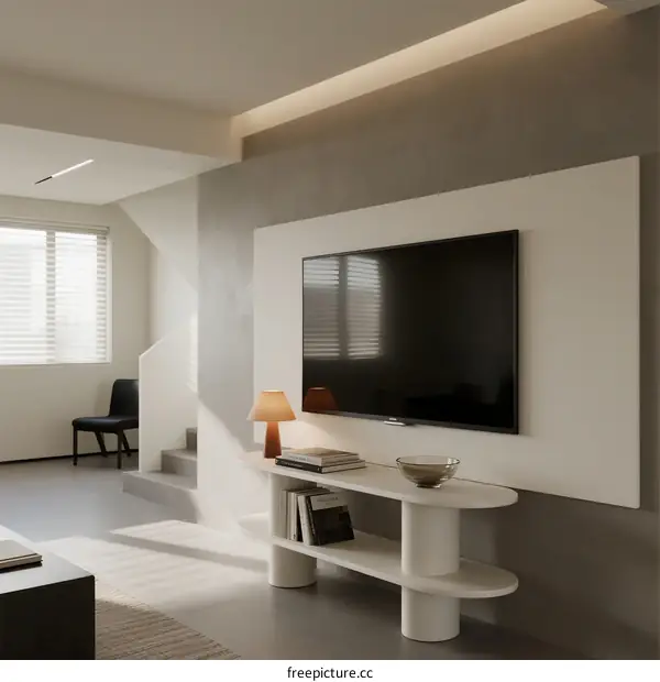 Minimalist Living Room Design with Built-in TV and Modern Shelving